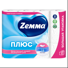 Бумага туалетная Zemma Плюс, 12 рулонов, 2 слоя, белый