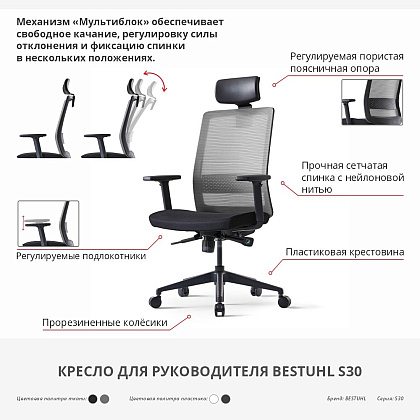 Кресло для руководителя BESTUHL "S30", сетка, ткань, пластик, серый - 10