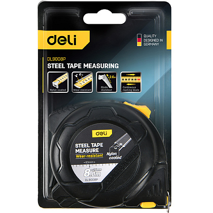 Рулетка "Deli 9008P" 8 м, черный, желтый - 3