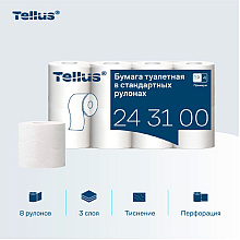 Бумага туалетная Tellus Премиум, TР4, 8 рулонов, 15 м, 3-слоя