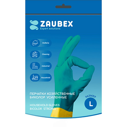 Перчатки латексные хозяйственные Zaubex БИКОЛОР, усиленные, р-р L, зеленый, желтый