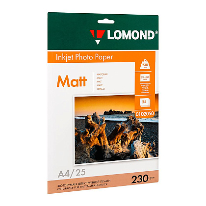 Фотобумага матовая для струйной фотопечати "Lomond", А4, 25 листов, 230 г/м2