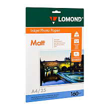 Фотобумага матовая для струйной фотопечати "Lomond", А4, 25 листов, 160 г/м2