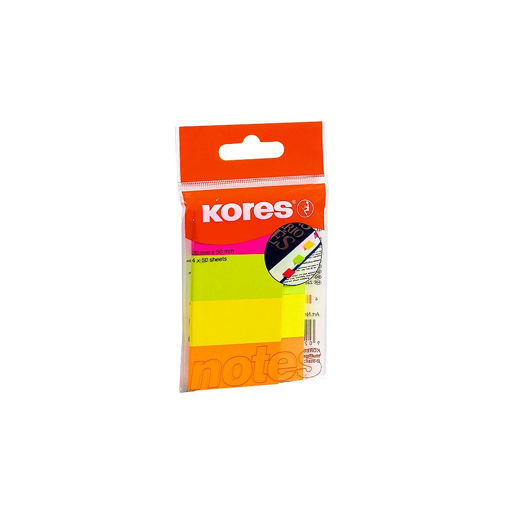 Закладки бумажные клейкие "Kores Notes", 20x50 мм, 200 шт, ассорти