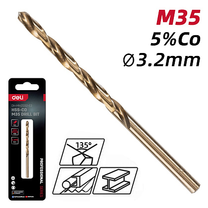 Сверло по металлу Deli RS EDH-MHZ032-E2, 3.2 мм, DIN 338, HSCo 5% - 2