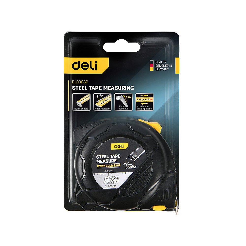 Рулетка "Deli 9008P" 8 м, черный, желтый - 3