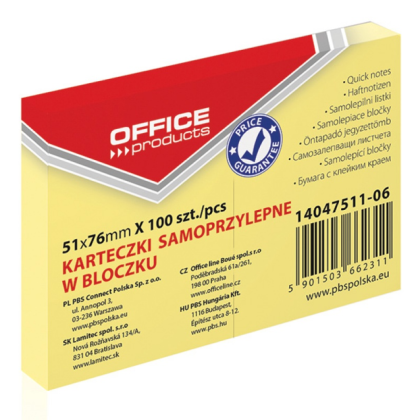 Бумага для заметок "Office Products", 51x76 мм, 100 листов, светло-желтая пастель 