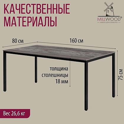 Стол Millwood Сеул, 1600х800 мм, сосна пасадена, черный - 4