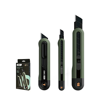 Набор ножей строительных Deli HSEHT4003L, 3 шт (ножи 9мм/18мм/трапеция), Soft Touch, зеленый