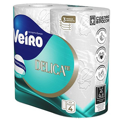 Бумага туалетная Veiro Delicate, 4 рулона, 3 слоя, белый - 2