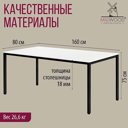 Стол Millwood Сеул, 1600х800 мм, белый, черный - 4