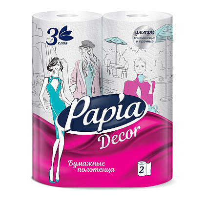 Полотенца бумажные Papia Decor, в рулонах, 10,3 м, 3 слоя, 2 рулона, 100% целлюлоза