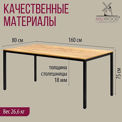 Стол Millwood Сеул, 1600х800 мм, дуб золотой крафт, черный - 4