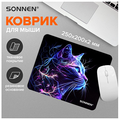 Коврик для мыши "Neon Cat", 250х200х2 мм, ткань, черный - 7