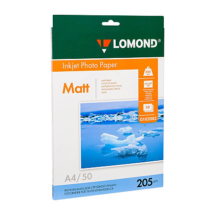 Фотобумага матовая для струйной фотопечати "Lomond", А4, 50 листов, 205 г/м2