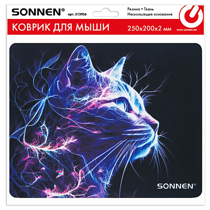 Коврик для мыши "Neon Cat", 250х200х2 мм, ткань, черный - 6