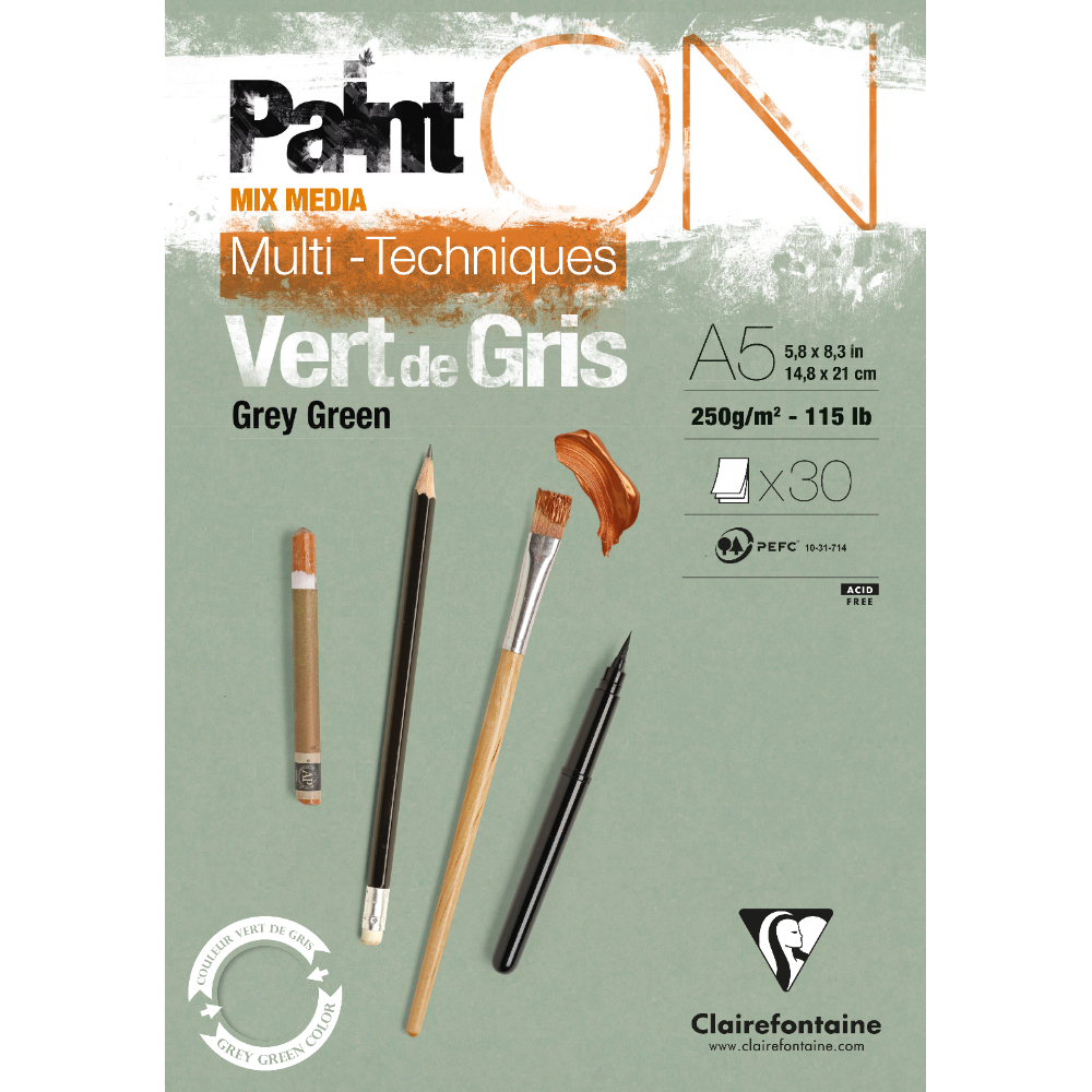 Блок-склейка Clairefontaine "Paint'On", А5,  250 г/м2, 30 листов, серо-зеленый