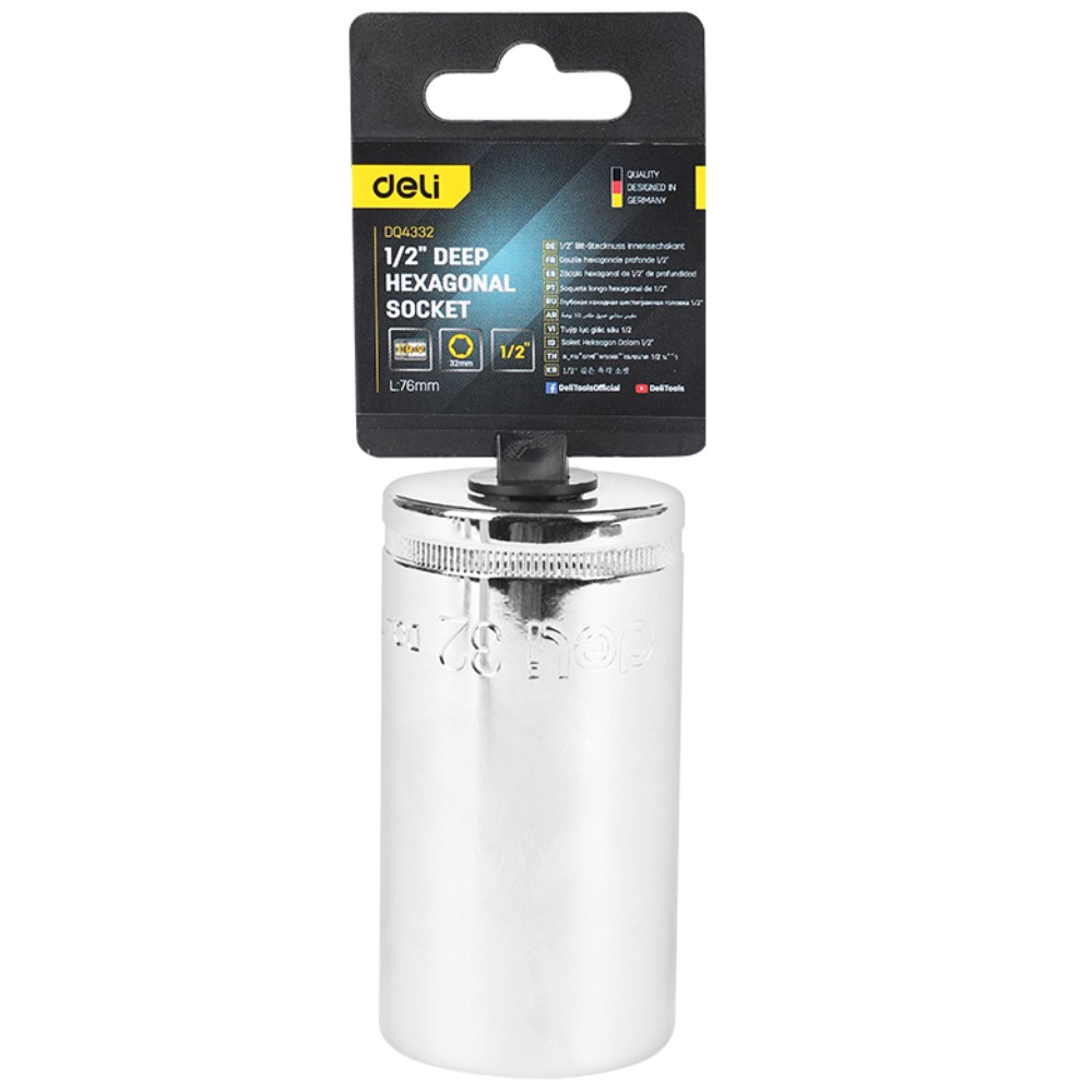 Головка торцевая шестигранная Deli YS EDQ4332 1/2", 32 мм, глубокая, серебристый